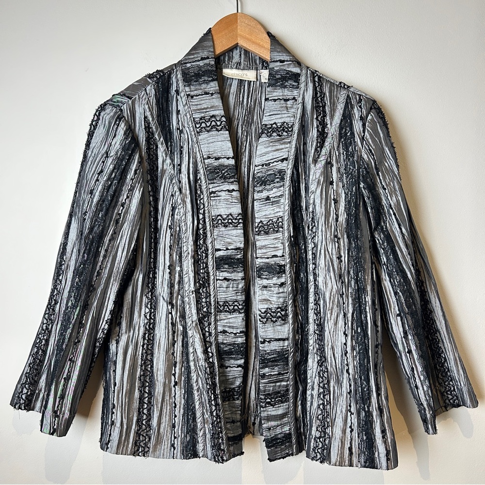 Chico's Black & Gray Textured Open-Front Blazer w/ Lace & Sequin Embellishment